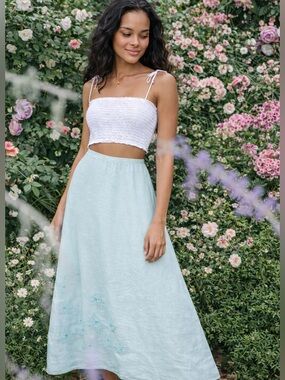 Vintage Y2K Linen Beaded A-line Maxi Skirt | Pastel Blue Floral Cottage Size S
